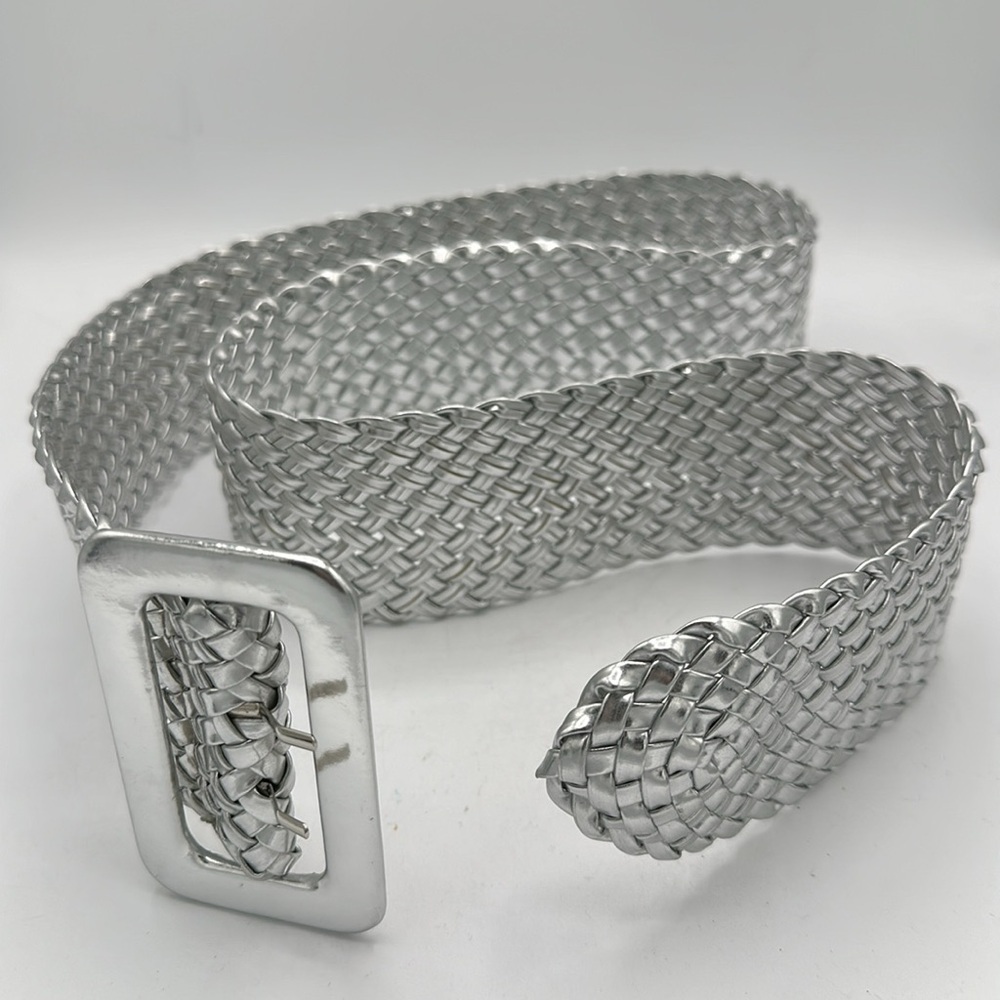 Silver metallic woven belt with rectangular buckle